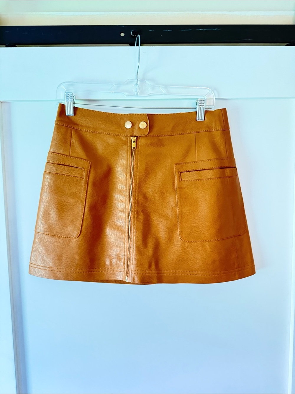 Free People Camel Faux Leather Mini Skirt with Front Zip